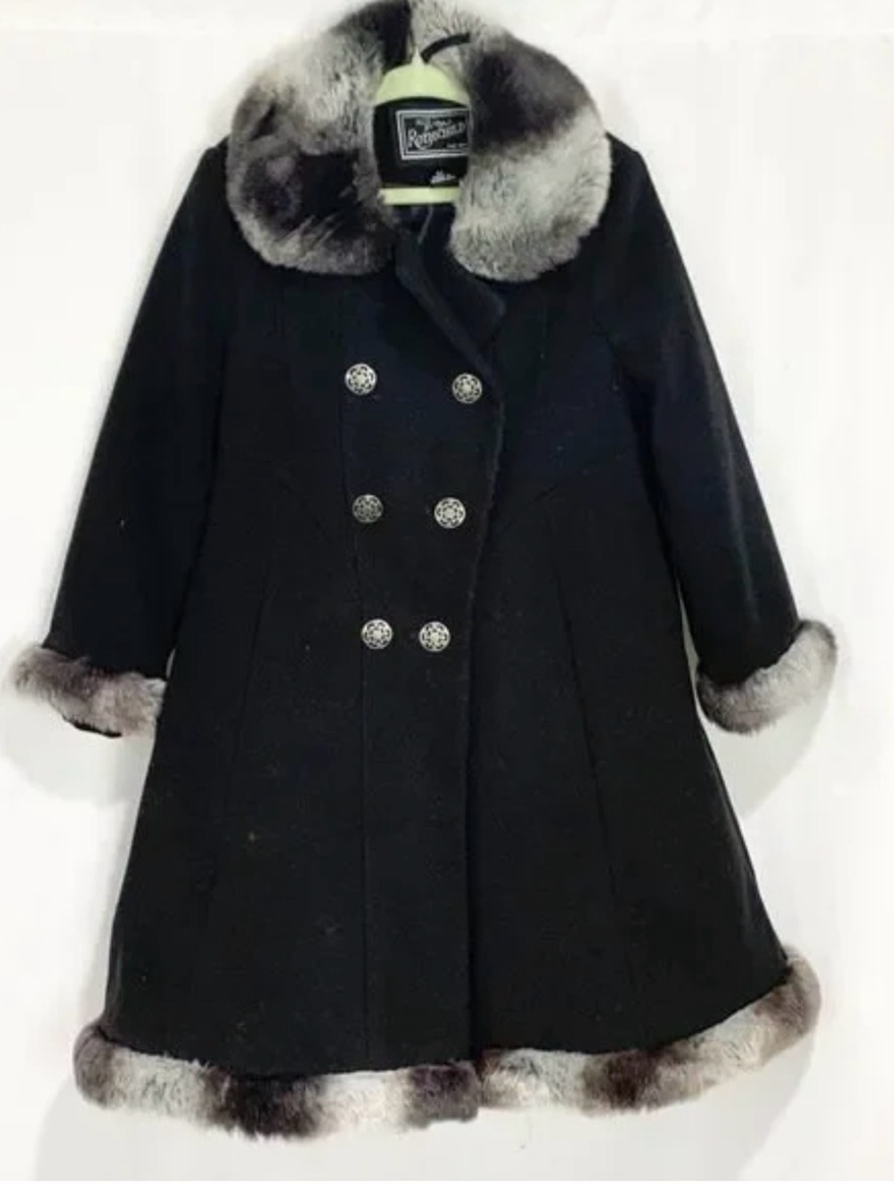 Rothschild Vintage Black Wool Coat with Faux Fur Trim youth size 10